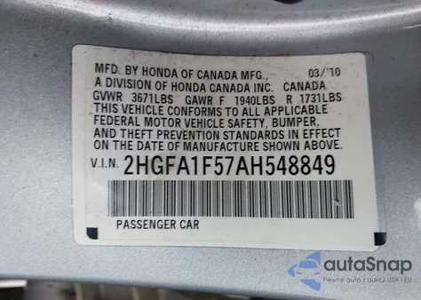2010 Honda Civic Lx z USA, uszkodzony, nr VIN 2HGFA1F57AH548849